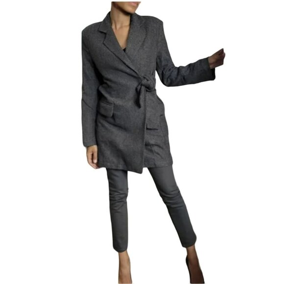 Thakoon Herringbone Side Tie Tie Gray Long Blazer Jacket NWT Medium - Picture 1 of 7